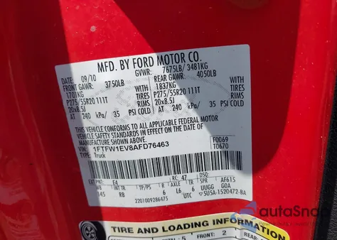 2010 Ford F-150 Fx4/Harley-Davidson/King Ranch/Lariat/Platinum/Xl/Xlt z USA, uszkodzony, nr VIN 1FTFW1EV8AFD76463